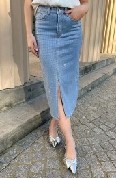 StrassSpijkerrokMetSplitBlue