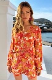 RuffleKnopenBlouseFlowerOranje