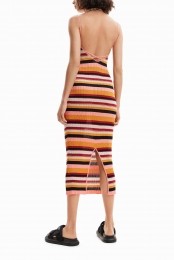 Gestreepteengeribdemidi-jurk-ORANGE-L