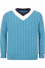 CharlesColbyGebreidetruiV-halslichtblauwCableknit