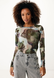 TopMeshmetBloemenprintKhakiGroen