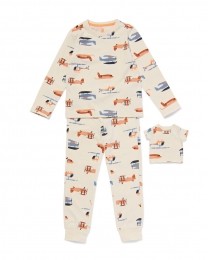 HEMAKinderpyjamaStretchKatoenVliegtuigEnPoppennachtshirtGebrokenWitgebrokenwit