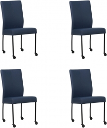 Setvan4BlauwelerenmoderneeetkamerstoelenComfort-pootrondzwartmetwiel-HermesLeerKobaltblauwleer