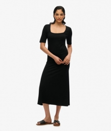 JerseyMidi-jurkmetKorteMouwenenVierkanteHalsBlackGrootte40