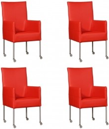 Setvan4FelrodelerenmoderneeetkamerstoelenSpark-pootrondrvsmetwiel-ToledoLeerFerrarifelroodleer