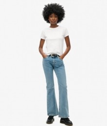 SlimfitJeansmetMiddelhogeTailleenWijduitlopendePijpenDonkerblauwGrootte3432