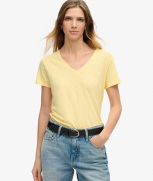 RuimvallendGeborduurdT-shirtmetV-halsGeelGrootte44