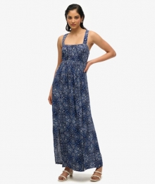 BedrukteMaxi-jurkmetStrikaandeAchterkantBlauwGrootte36