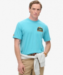 TravelPostcardT-shirtmetPrintopdeBorstBlauwGrootteS