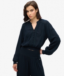 BlousemetLangeMouwenSmokwerkenKantenRandenBlauwGrootte34