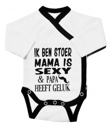 PetitVillainIkBenStoerMamaIsSexyPapaHeeftGelukMaat56WitZwartRomper