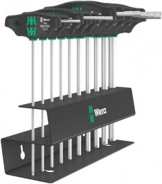 Wera0502345400110-delige45410HFSetImperial2Hex-PlusT-GreepSchroevendraaiersetInMetalenRek