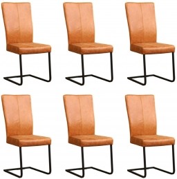 Setvan6CognaclerenindustrileeetkamerstoelenDare-pootvierkantzwart-VintageLeerCognaccognacleer