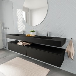ZaroALANvrijhangendewastafel200cmmetwasbakdubbelenonderkastinkleurZwartmat2lades