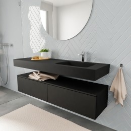 ZaroALANvrijhangendewastafel150cmmetwasbakEnkelrechtsenonderkastinkleurZwartmat2lades