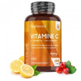VitamineC-1000mg180Tabletten-VitaminePillen-Rozenbottel-Bioflavonoden-6maandenvoorraad