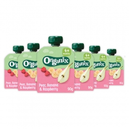 6xOrganixKnijpfruit4mPeerBanaanFramboos90gr