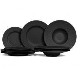 VilleroyBochServiessetManufactureRock-Zwart-12-delig4personen-4dinerborden4ontbijtbordenen4pastaborden