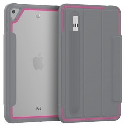 TablethoesgeschiktvoorAppleiPadMini792019-Tri-FoldBookCasemetTransparanteBackCoverenPencilHouder-RozeGrijs