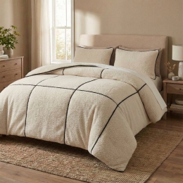 DekbedovertrekTeddyTrim-BeigeZwart-Lits-Jumeaux240x220Cm-TaupeMicrovezelTeddy-Effen-Sleeptime-Dekbed-Discounternl