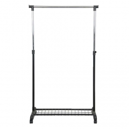 20korting-LeenBakker-KledingrekOpWieltjes-chroom-EnkelRek-Metaal-Zwart-43x83x168Cm