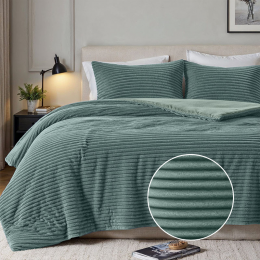 DekbedovertrekTeddyRib-Lits-Jumeaux240x220Cm-ZachtGroenMicrovezelTeddy-Strepen-FreshAndCo-Dekbed-Discounternl