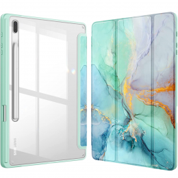Hoozey-TablethoesgeschiktvoorSamsungGalaxyTabA92023-87inch-Sleepcovermetpencilhouder-Marmerprint-LichtGroen