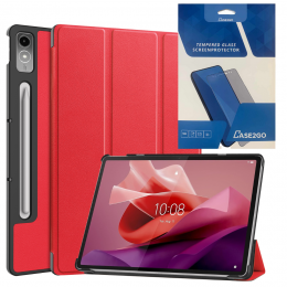 TablethoesenScreenprotectorgeschiktvoorLenovoTabP12-Tri-foldhoesmetAutoWakefunctie-Rood