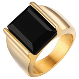 MendesedelstaalzegelringGoudkleurigmetZwarteAgaatsteen-21mm