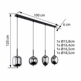 GloboHanglampBlackyzwartrookgrijslengte110cm4-lamps