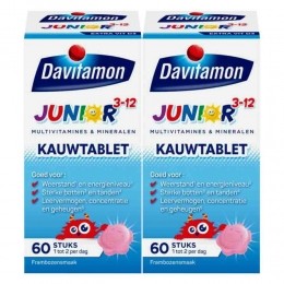 2xDavitamonJunior3KauwvitaminesFramboos60kauwtabletten
