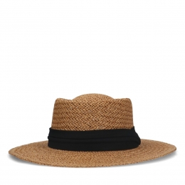 Beigeraffiahoedmetzwarteband