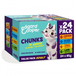 EdgardCooperAdultChunksKattenvoerNatKipZalmKalkoenLam24x85gr