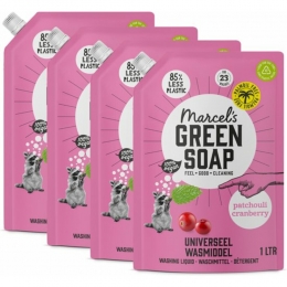 4xMarcelsGreenSoapWasmiddelNavulPatchouliCranberry23Wasbeurten1liter