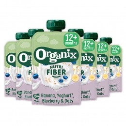 6xOrganixKnijpfruitNutriFiber12mBanaanBlauweBesYoghurt100gr