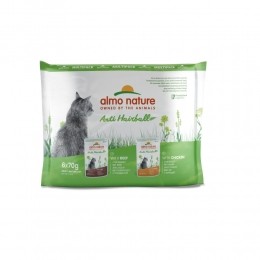 10xAlmoNatureHolisticCatPouchAnti-HaarbalKabeljauwKip6x70gr