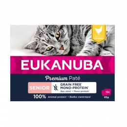 4xEukanubaPremiumPatGraanvrijSeniorKattenvoerNatKipMulti-Pack12x85gr