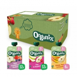 OrganixKnijpfruitMaandbox6mnd-AppelAardbeiBlauweBes12x100grPeerFramboos12x100grMangoPeerGranola6x100grPakket