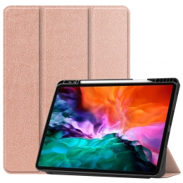 iPadHoesvoorAppleiPadPro2021HoesCover-129inch-Tri-FoldBookCase-ApplePencilHouder-RosGoud