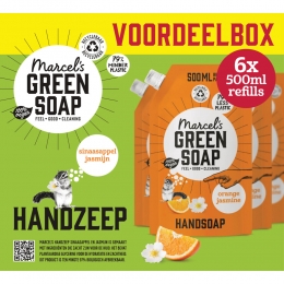 6xMarcelsGreenSoapHandzeepSinaasappelJasmijnNavulStazak500ml