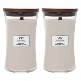 2xWoodWickGeurkaarsLargeWarmWool611gr
