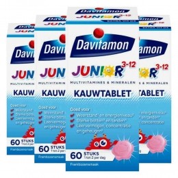 4xDavitamonJunior3KauwvitaminesFramboos60kauwtabletten