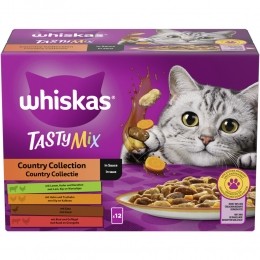 4xWhiskasKattenvoerNatPouch1AdultSausCountryCollectie12x85gr