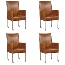 Setvan4CognaclerenmoderneeetkamerstoelenSpark-pootrondrvsmetwiel-VintageLeerCognaccognacleer