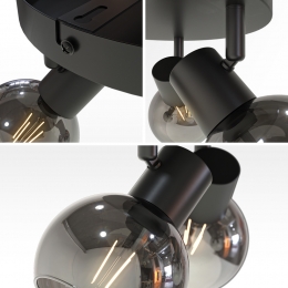 Glazura-LEDPlafondlampGlazenBollen-PlafondlampSmokeGlas-3spots-KantelbaarDraaibaar-Zwart-E14-fitting-IP20-PlafondlampRookgla