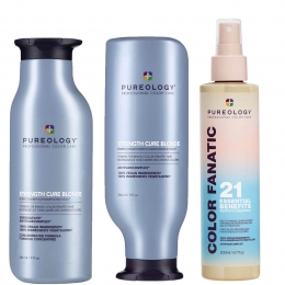 PureologyStrengthCureBlondePurpleShampooConditionerandColorFanaticSprayRoutineforToningBrassyHair