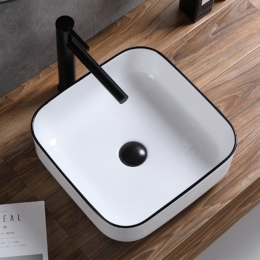 OpbouwWaskomBossWessingPremium40x40x14cmKeramiekWitmetZwarteLijnAquaSplash