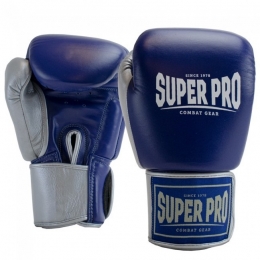 SuperProCombatGearEnforcerLederenThaiBokshandschoenen-BlauwZilverWit-10oz