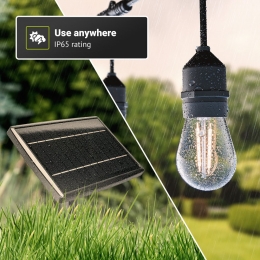 SolarLichtsnoer-15filamentlampjesS14-146meter-IP65waterdicht-2700Kwarmwitlicht-4lichtstanden-Schemerschakelaar-15W600lm-E2