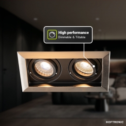 Setvan3DurhamInbouwspotsDubbelRVS-GU105Watt400lumen-2700KWarmwit-Kantelbaar-IP20-Rechthoek